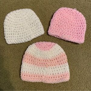 Handmade Crochet Beanie Hat Infant Baby Set Of 3 Pink & White New